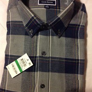Club Room Men's 100% Cotton Flannel Button Down Large Navy/Gray Shirt - …